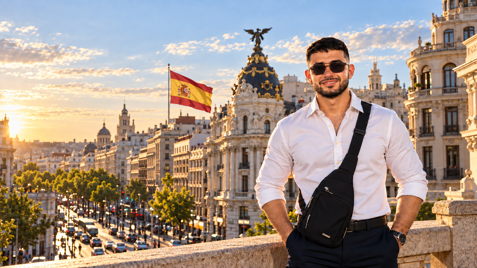 Dan Explora con una vista de Madrid y la bandera de España
